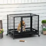 PawHut 36" Heavy Duty Dog Crate with Removable Tray, Lockable Wheels and Double Door, for Medium and Large Dogs, Black - Image 2