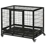 PawHut 36" Heavy Duty Dog Crate with Removable Tray, Lockable Wheels and Double Door, for Medium and Large Dogs, Black