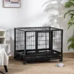 PawHut 36" Heavy Duty Dog Crate with Removable Tray, Lockable Wheels and Double Door, for Medium and Large Dogs, Black - Image 10