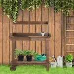 Outsunny 36" Wooden Potting Bench Work Table with 2 Removable Wheels, Garden Workstation with Removable Sink, Drawer and Large Storage Spaces, Brown - Image 2