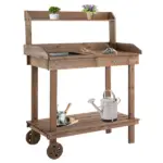 Outsunny 36" Wooden Potting Bench Work Table with 2 Removable Wheels, Garden Workstation with Removable Sink, Drawer and Large Storage Spaces, Brown - Image 11