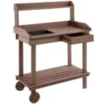 Outsunny 36" Wooden Potting Bench Work Table with 2 Removable Wheels, Garden Workstation with Removable Sink, Drawer and Large Storage Spaces, Brown