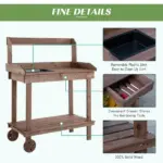 Outsunny 36" Wooden Potting Bench Work Table with 2 Removable Wheels, Garden Workstation with Removable Sink, Drawer and Large Storage Spaces, Brown - Image 5