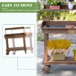 Outsunny 36" Wooden Potting Bench Work Table with 2 Removable Wheels, Garden Workstation with Removable Sink, Drawer and Large Storage Spaces, Brown - Image 6