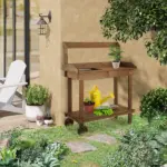 Outsunny 36" Wooden Potting Bench Work Table with 2 Removable Wheels, Garden Workstation with Removable Sink, Drawer and Large Storage Spaces, Brown - Image 10
