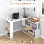 HOMCOM 360 Degree Rotating Home Office Desk L Shaped Corner Computer Desk with Storage Shelves, Writing Table Workstation, White - Image 4