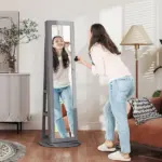 360 Degree Swivel Jewelry Armoire, Lockable Jewelry Cabinet with Full-Length Mirror, Storage Shelves, Gray - Image 2