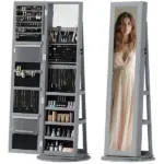 360 Degree Swivel Jewelry Armoire, Lockable Jewelry Cabinet with Full-Length Mirror, Storage Shelves, Gray - Image 11