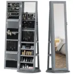 360 Degree Swivel Jewelry Armoire, Lockable Jewelry Cabinet with Full-Length Mirror, Storage Shelves, Gray
