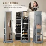 360 Degree Swivel Jewelry Armoire, Lockable Jewelry Cabinet with Full-Length Mirror, Storage Shelves, Gray - Image 4