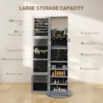 360 Degree Swivel Jewelry Armoire, Lockable Jewelry Cabinet with Full-Length Mirror, Storage Shelves, Gray - Image 6