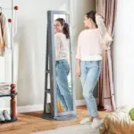360 Degree Swivel Jewelry Armoire, Lockable Jewelry Cabinet with Full-Length Mirror, Storage Shelves, Gray - Image 8