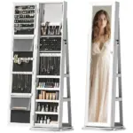 360 degree Swivel Jewelry Armoire, Lockable Jewelry Cabinet with Full-Length Mirror, Storage Shelves, White - Image 11
