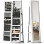 360 degree Swivel Jewelry Armoire, Lockable Jewelry Cabinet with Full-Length Mirror, Storage Shelves, White