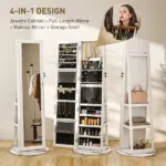 360 degree Swivel Jewelry Armoire, Lockable Jewelry Cabinet with Full-Length Mirror, Storage Shelves, White - Image 4