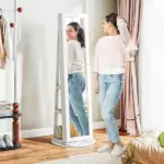360 degree Swivel Jewelry Armoire, Lockable Jewelry Cabinet with Full-Length Mirror, Storage Shelves, White - Image 8