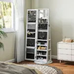 360 degree Swivel Jewelry Armoire, Lockable Jewelry Cabinet with Full-Length Mirror, Storage Shelves, White - Image 9