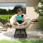 Outsunny 360 Degree Swivel Outdoor Papasan Chair, Overstuffed Circle Chair with Side Tray, Thickened Cushion for Indoor, Patio, Beige - Image 2