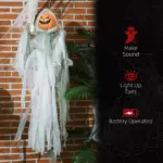 HOMCOM 3.9' Outdoor Halloween Hanging Pumpkin Ghost w/ Light Up Eyes, Sound Activated Prop w/ Creepy Howling Sounds - Image 7