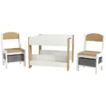 Qaba 3 Piece Children's Table and Chairs Set, Kids Table and Chair with Reversible Desktop, Storage, Bookshelves, Natural Wood