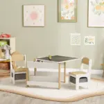 Qaba 3 Piece Children's Table and Chairs Set, Kids Table and Chair with Reversible Desktop, Storage, Bookshelves, Natural Wood - Image 10