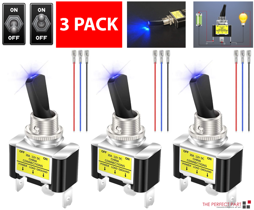 3 Pack 12V 30A Blue LED ON OFF Toggle Switches 3 Pin