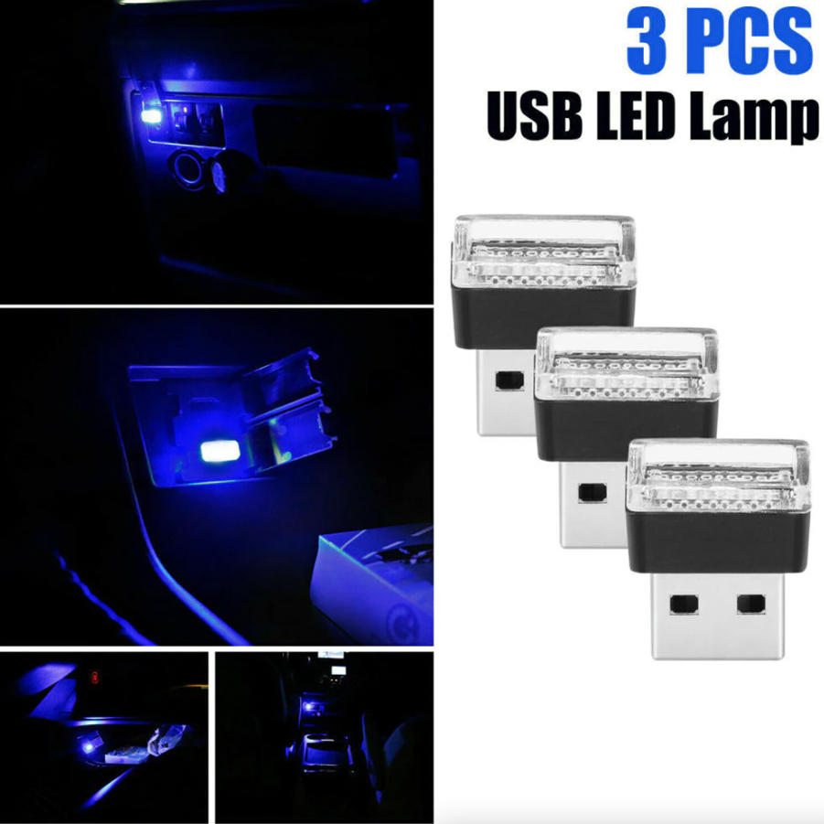3 Pack Mini Blue USB LED Car Interior Ambient Lights
