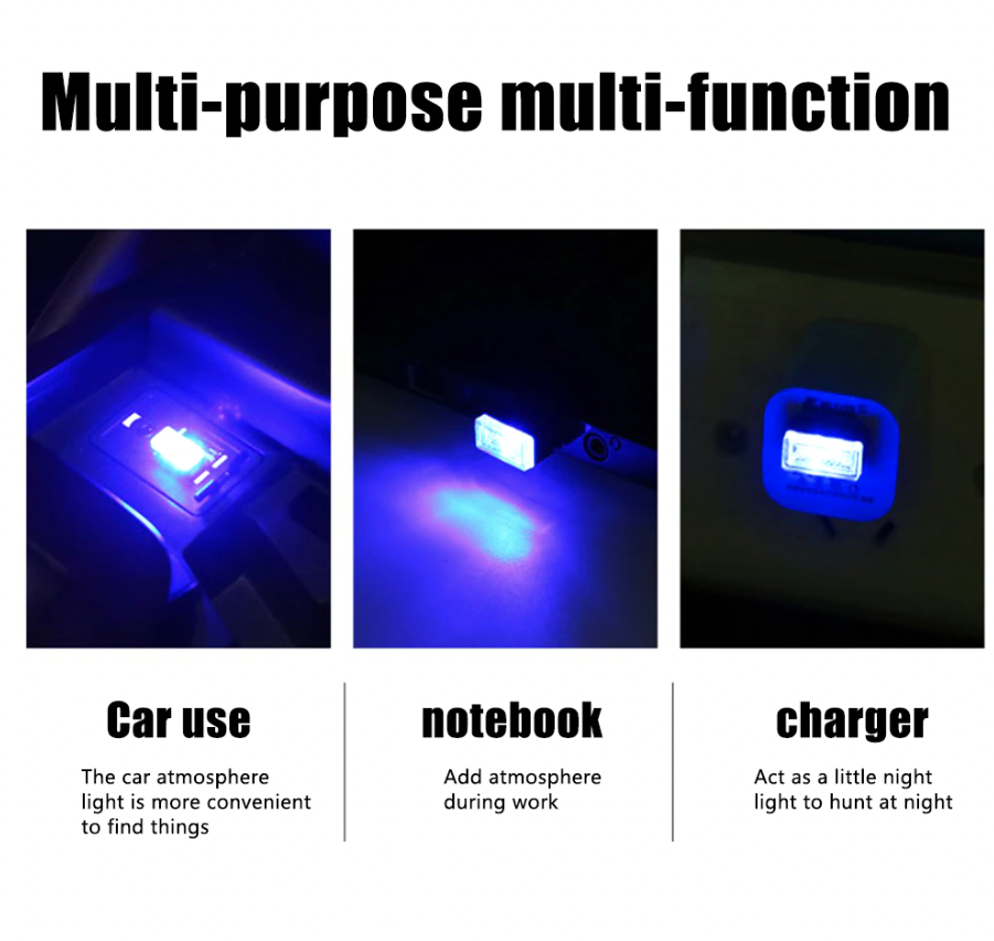 3 Pack Mini Blue USB LED Car Interior Ambient Lights
