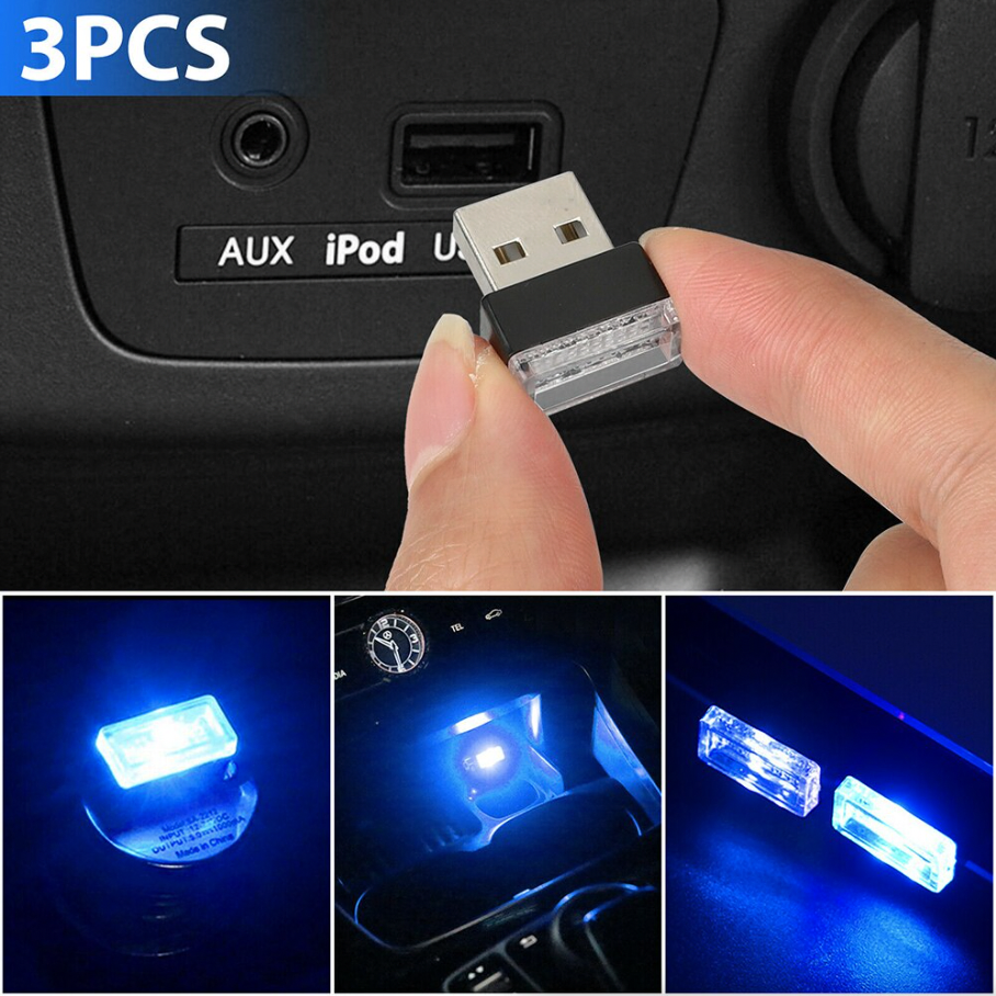 3 Pack Mini Blue USB LED Car Interior Ambient Lights