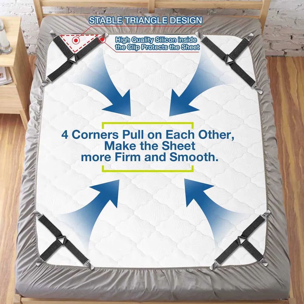4 Pack Adjustable Triangle Bed Sheet Fastener Straps with Metal Clips