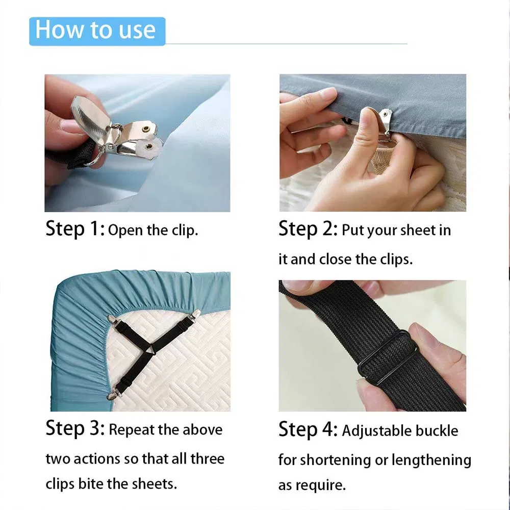4 Pack Adjustable Triangle Bed Sheet Fastener Straps with Metal Clips