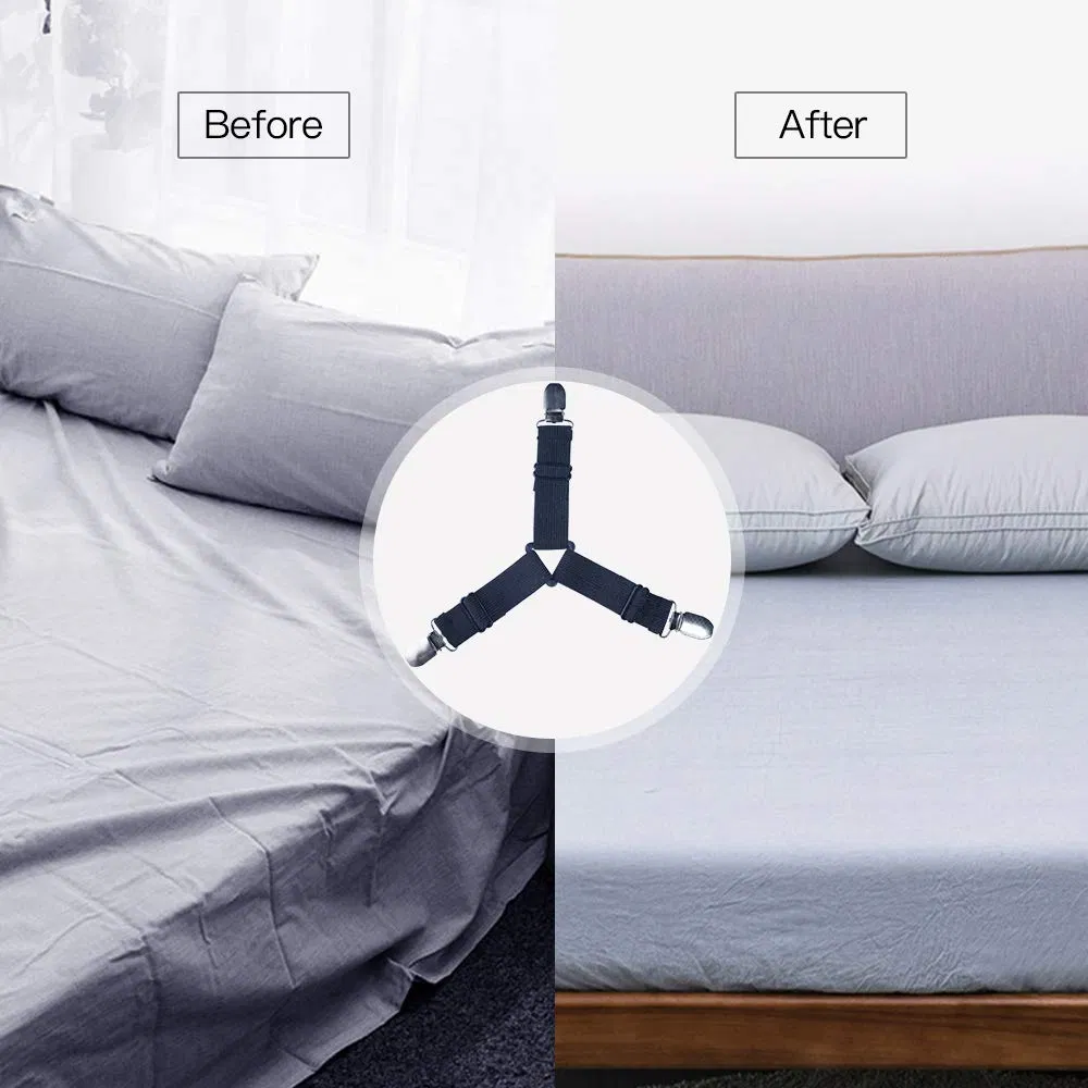 4 Pack Adjustable Triangle Bed Sheet Fastener Straps with Metal Clips