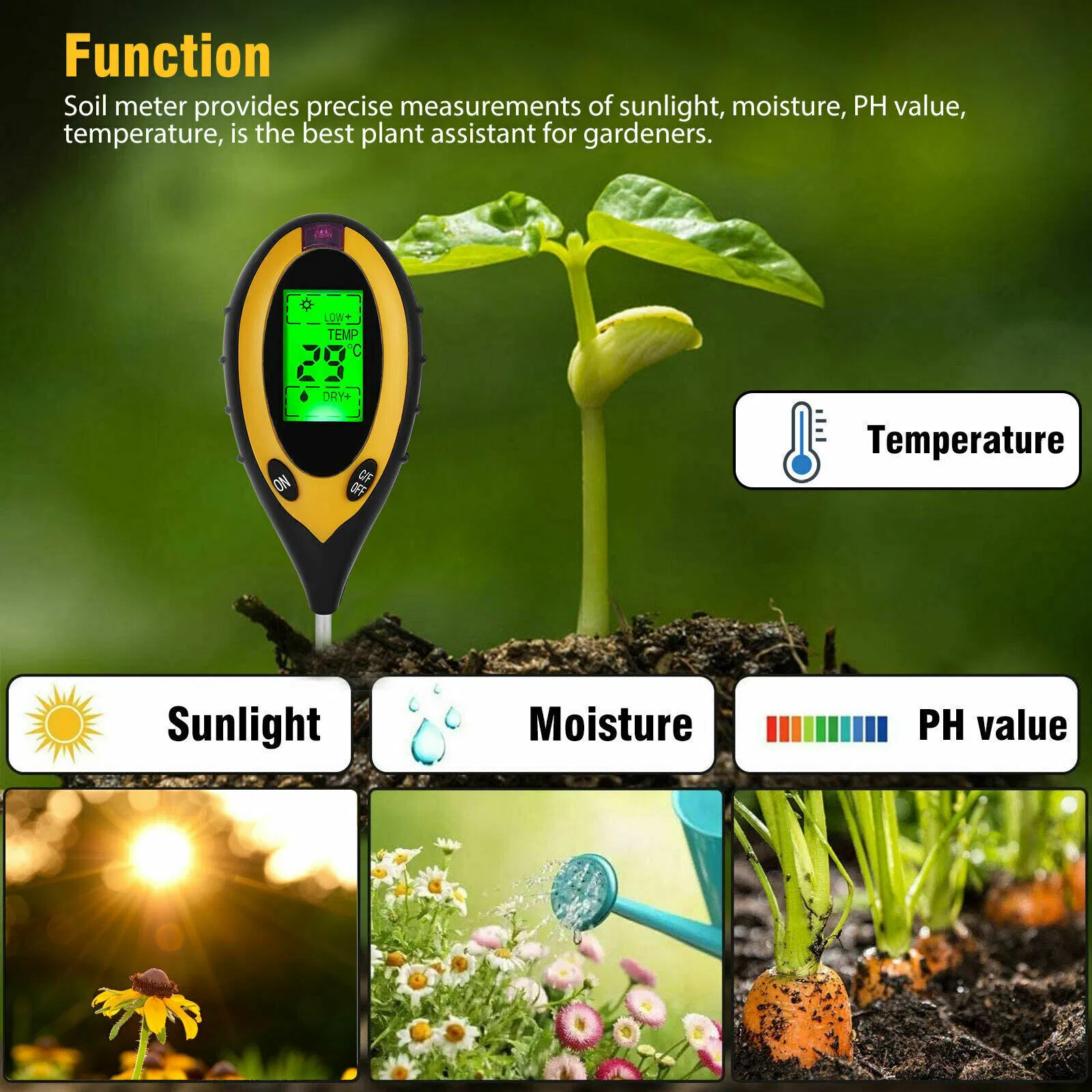 4 in 1 Digital Soil Tester for pH Moisture Temperature and Sunlight