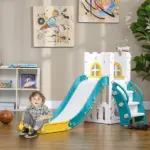 4-in-1 Toddler Slide, Yellow, for Ages 1-3, with Basketball Hoop, Climber, Telescope, Storage Baskets - Image 2