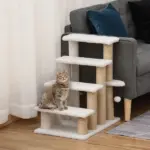 PawHut 4-Level Pet Stairs Cat Steps Carpeted Ladder Ramp Kitten Tree Climber Scratching Posts Hanging Play Ball for Bed Sofa White - Image 2
