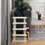 PawHut 4-Level Pet Stairs Cat Steps Carpeted Ladder Ramp Kitten Tree Climber Scratching Posts Hanging Play Ball for Bed Sofa White - Image 8