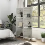 HOMCOM 4 Panel 67" Tall Wood Privacy Screen Room Divider with 3 Shelves and Folding Storage for Bedroom, Distressed White - Image 2