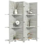 HOMCOM 4 Panel 67" Tall Wood Privacy Screen Room Divider with 3 Shelves and Folding Storage for Bedroom, Distressed White - Image 11