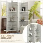 HOMCOM 4 Panel 67" Tall Wood Privacy Screen Room Divider with 3 Shelves and Folding Storage for Bedroom, Distressed White - Image 4