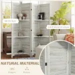 HOMCOM 4 Panel 67" Tall Wood Privacy Screen Room Divider with 3 Shelves and Folding Storage for Bedroom, Distressed White - Image 6