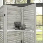 HOMCOM 4 Panel 67" Tall Wood Privacy Screen Room Divider with 3 Shelves and Folding Storage for Bedroom, Distressed White - Image 9