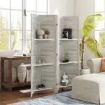 HOMCOM 4 Panel 67" Tall Wood Privacy Screen Room Divider with 3 Shelves and Folding Storage for Bedroom, Distressed White - Image 10