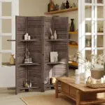 HOMCOM 4 Panel 67" Tall Wood Privacy Screen Room Divider with 3 Shelves and Folding Storage for Bedroom, Walnut - Image 2