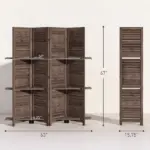 HOMCOM 4 Panel 67" Tall Wood Privacy Screen Room Divider with 3 Shelves and Folding Storage for Bedroom, Walnut - Image 3