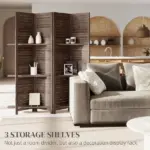 HOMCOM 4 Panel 67" Tall Wood Privacy Screen Room Divider with 3 Shelves and Folding Storage for Bedroom, Walnut - Image 4