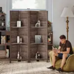 HOMCOM 4 Panel 67" Tall Wood Privacy Screen Room Divider with 3 Shelves and Folding Storage for Bedroom, Walnut - Image 8