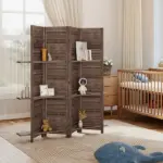 HOMCOM 4 Panel 67" Tall Wood Privacy Screen Room Divider with 3 Shelves and Folding Storage for Bedroom, Walnut - Image 9