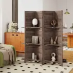 HOMCOM 4 Panel 67" Tall Wood Privacy Screen Room Divider with 3 Shelves and Folding Storage for Bedroom, Walnut - Image 10