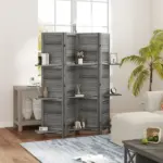 4 Panel 67 Inch Room Divider with 3 Display Shelves, Gray - Image 2