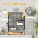 4 Tier Hamster Cage with Deep Tempered Glass Bottom, Running Wheel, Hut, Water Bottle, Food Dish, 24" x 16" x 31.5" - Image 5